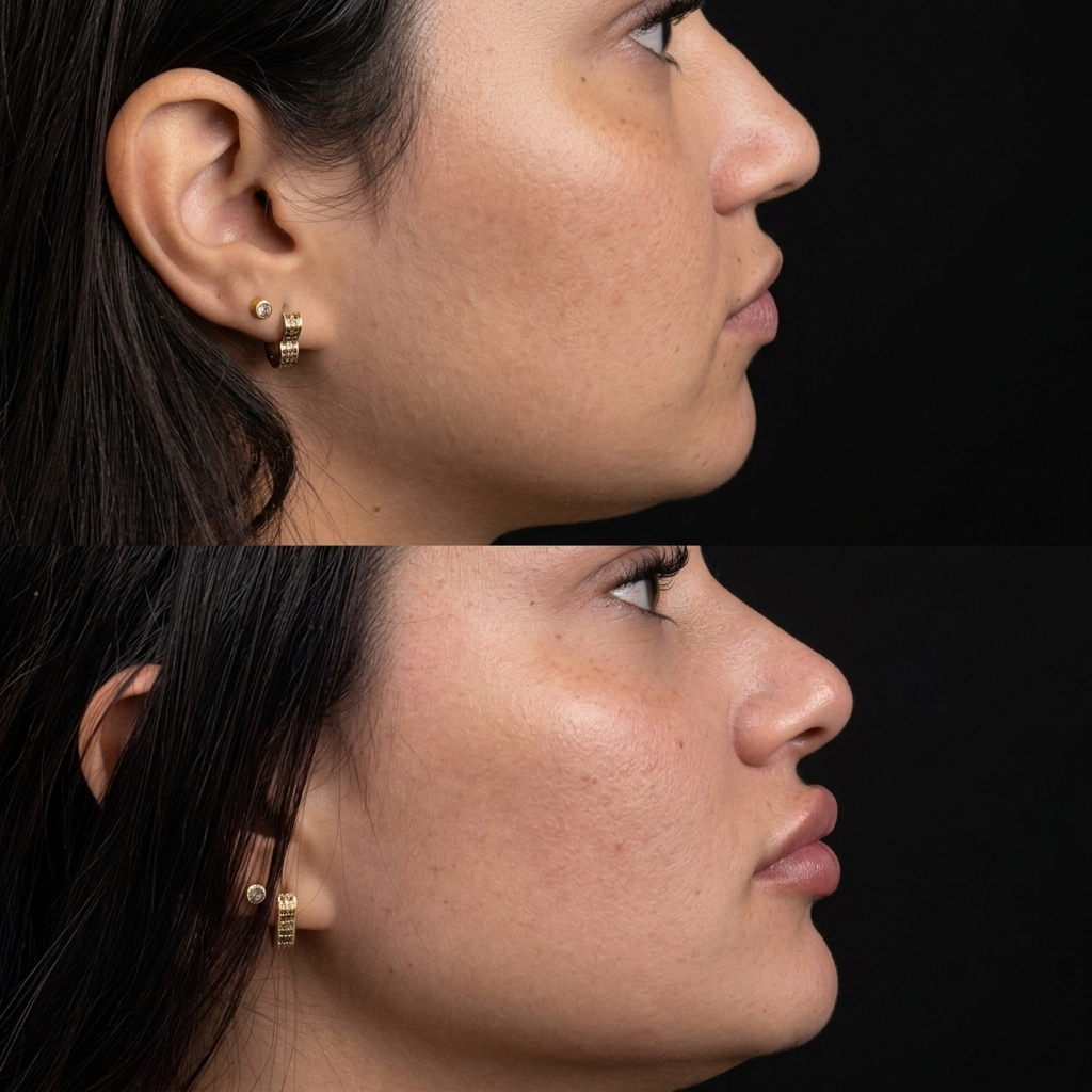 Antes e depois de harmonização do contorno facial realizado pela esteticista Dra. Naiane Gonçalves em Sinop