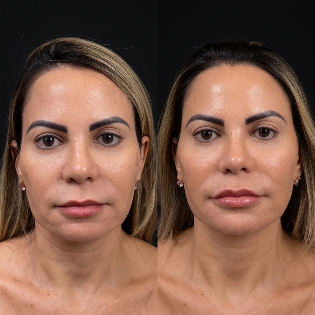 Antes e depois de harmonização para rejuvenescimento facial realizado pela esteticista Dra. Naiane Gonçalves em Sinop